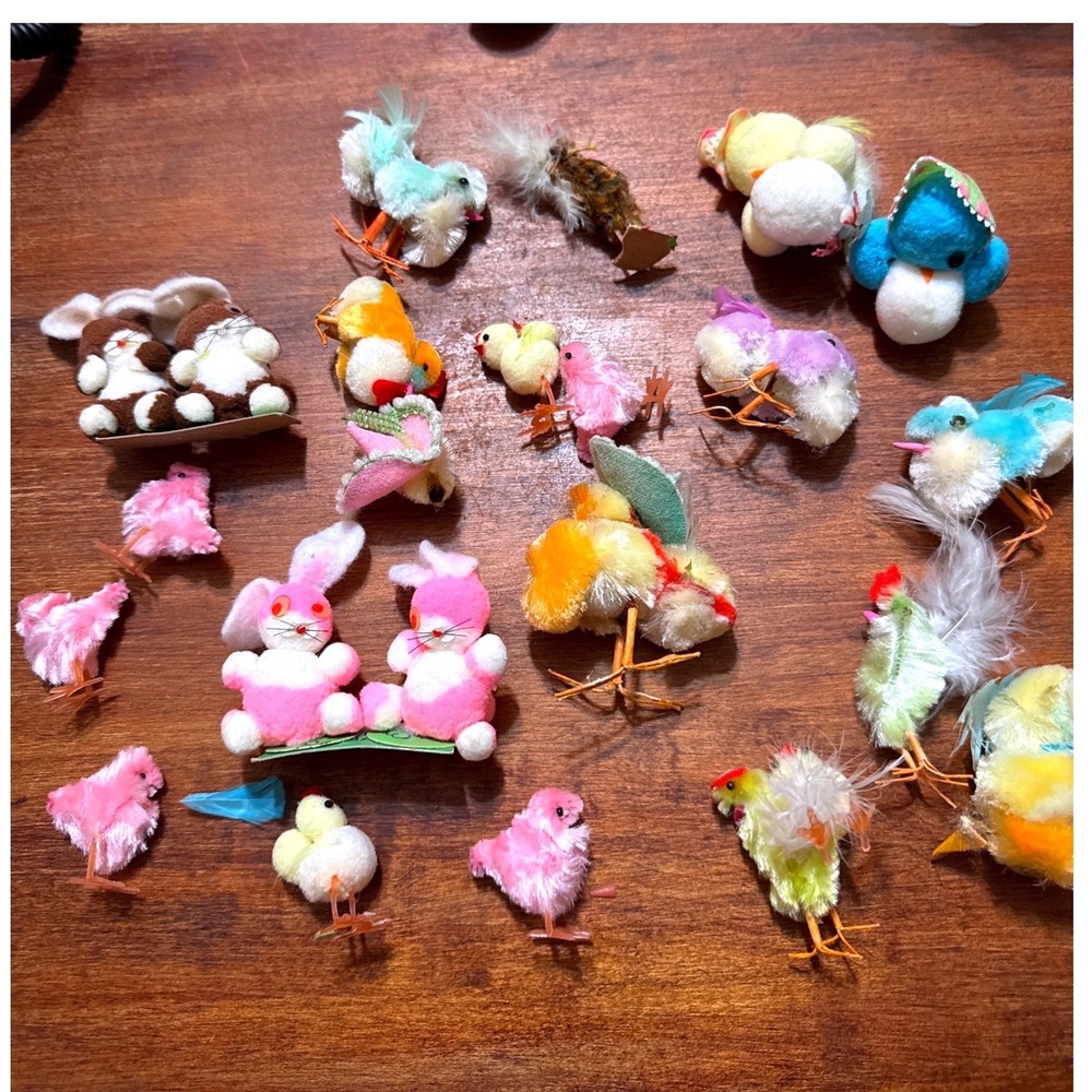Vintage Chenille Easter Chicks Bunnies Lot Retro Spring Miniature Decorations